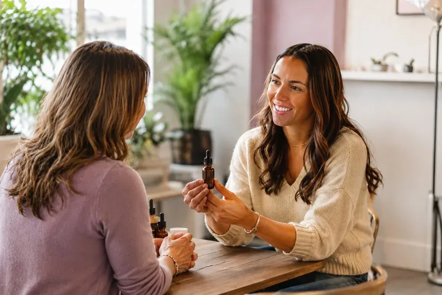 Two women talking through essential oils together at a consultation