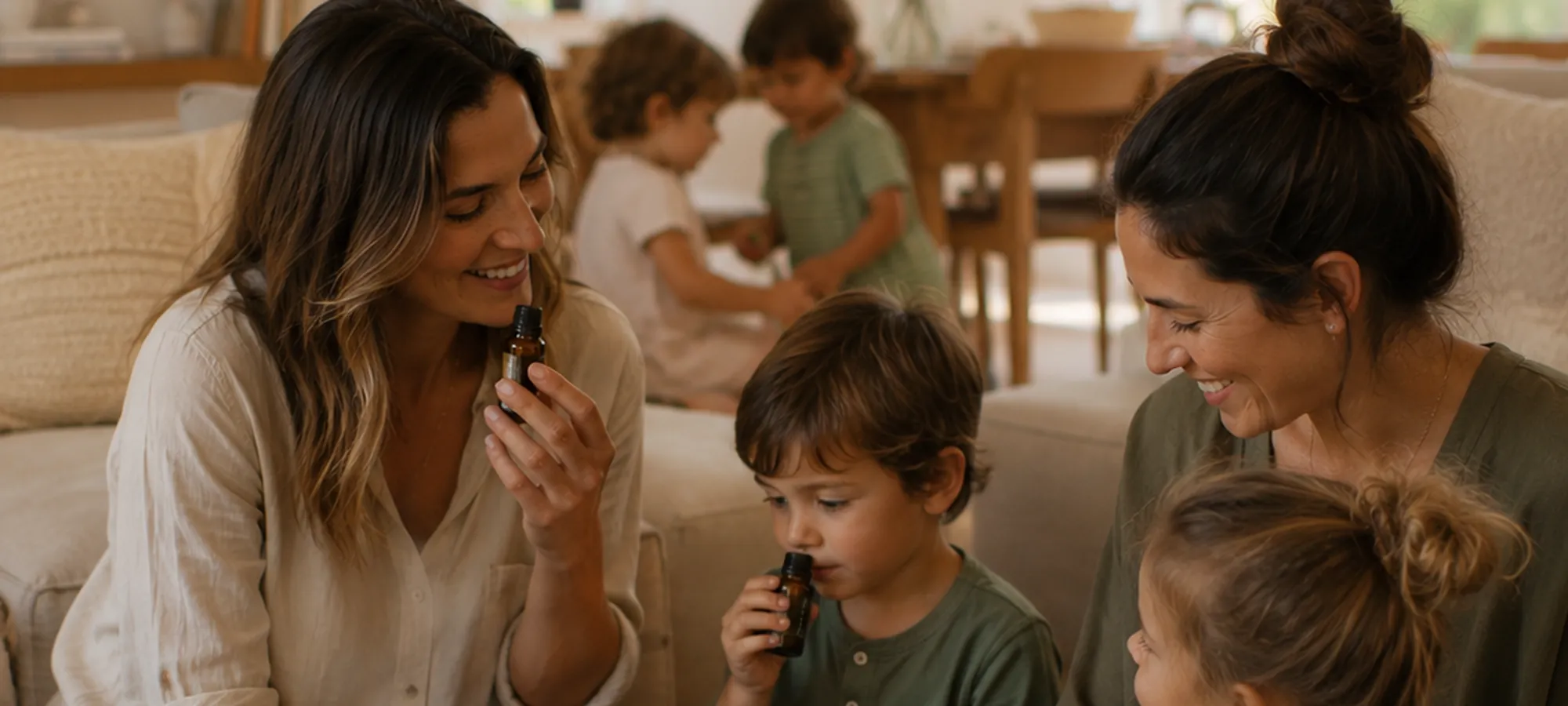 A family at home exploring essential oils together